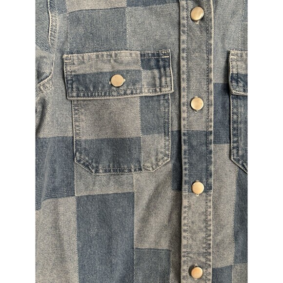 WOMEN'S SIZE MEDIUM JACKETS DEMIN SHIRT PATCHWORK BLUE LONG SLEEVE SHACKET 208 - Picture 4 of 5